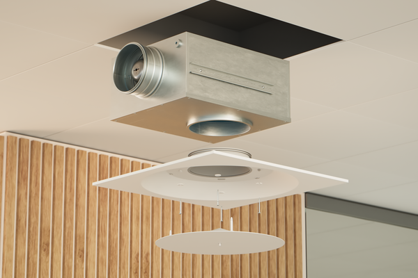 Image in environment of Lindab plenum box and ceiling diffuser (LCP) floating up to the ceiling, about to be mounted. Wooden wall in background